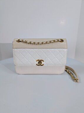 Chanel Beige and White Lambskin Leather Medium Flap Bag